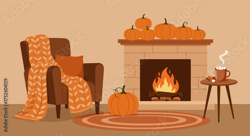 Cozy autumn scene with a crackling fireplace, pumpkins, and a warm drink evokes feelings of comfort and relaxation, perfect for seasonal designs