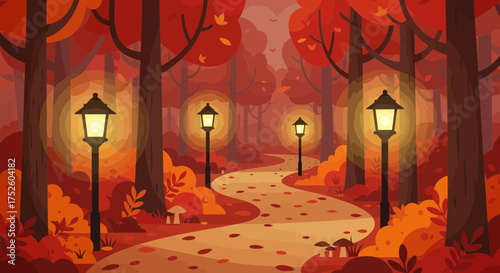 Enchanting autumn forest path with glowing lamps, inviting journey, perfect for storybooks, warm fall scenery, magical woodland adventure illustration