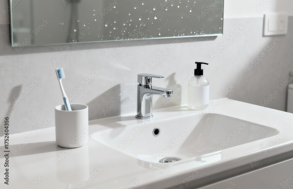 Fototapeta premium Modern bathroom sink setup with chrome faucet, toothbrush, and liquid soap dispenser, reflecting daily hygiene practices in a contemporary home
