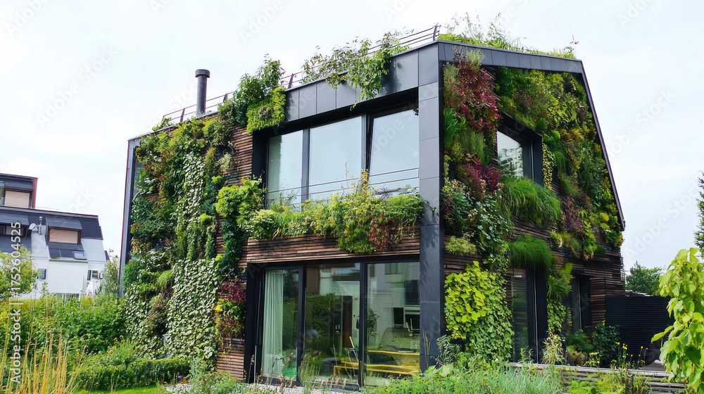 Fototapeta premium Modern eco-friendly house with a vertical garden facade and green roof, surrounded by greenery