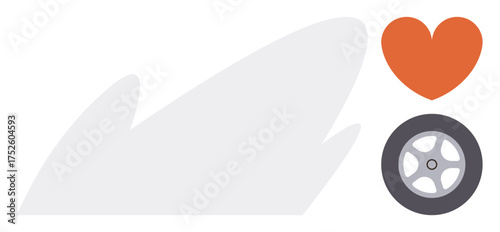 Red heart placed above a car wheel symbolizing passion for cars, road trips, or motorsport. Ideal for automotive marketing, travel inspiration, driving safety, car services, lifestyle, branding