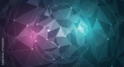 Abstract 3d rendering of a polygonal sphere with blue and purple facets, connected by white dots, creating a futuristic and modern design