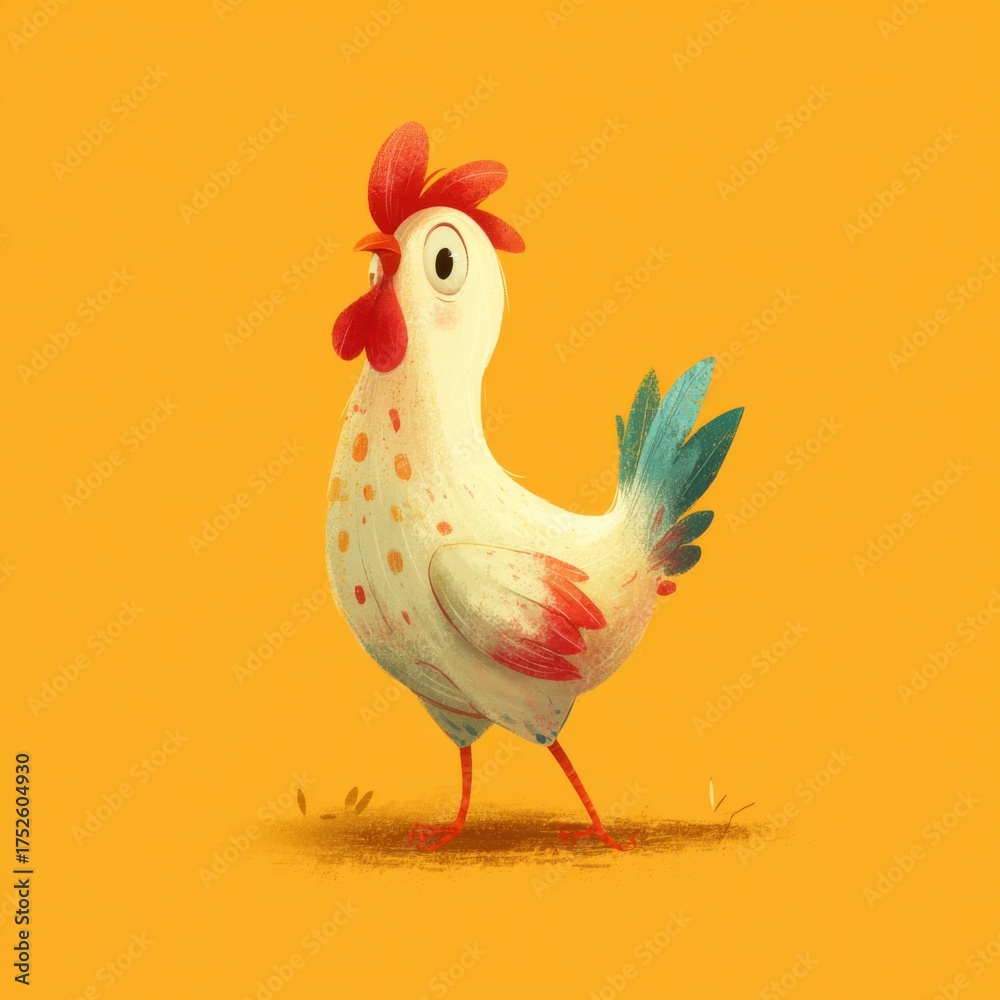 Fototapeta premium Charming cartoon chicken illustration on a vibrant yellow background, artistic design.