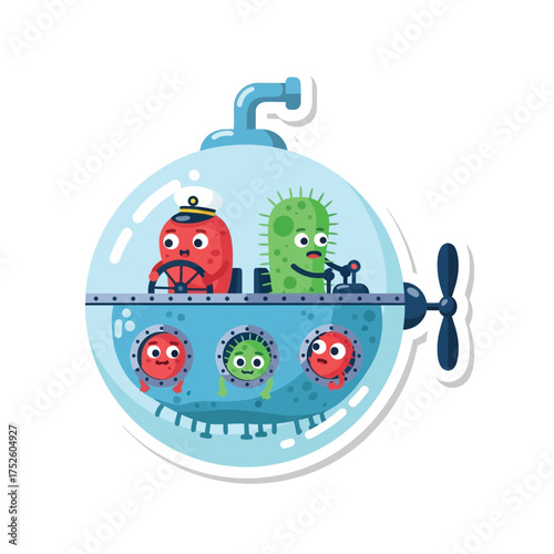Cartoon illustration of bacteria characters piloting a submarine, with other bacteria looking out of portholes.