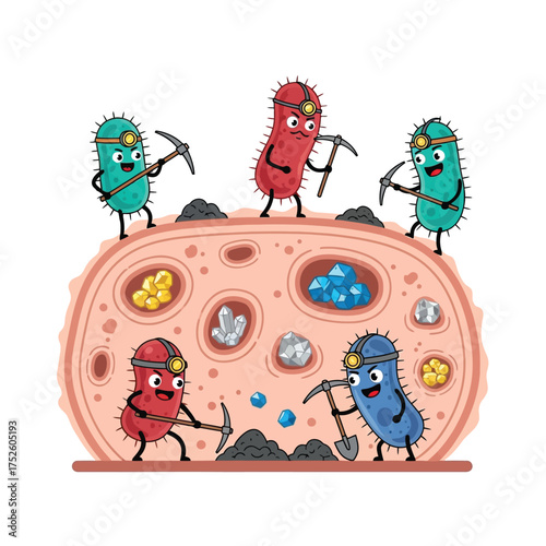 Cartoon depiction of microorganisms mining minerals within a cell.