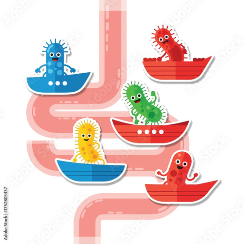 Cartoon illustration of friendly bacteria characters in boats navigating a digestive system.