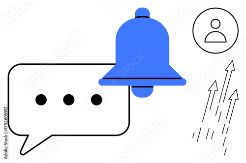 Speech bubble with dots, blue notification bell, user profile icon, upward arrows representing growth. Ideal for communication, updates, alerts, feedback, productivity user engagement success