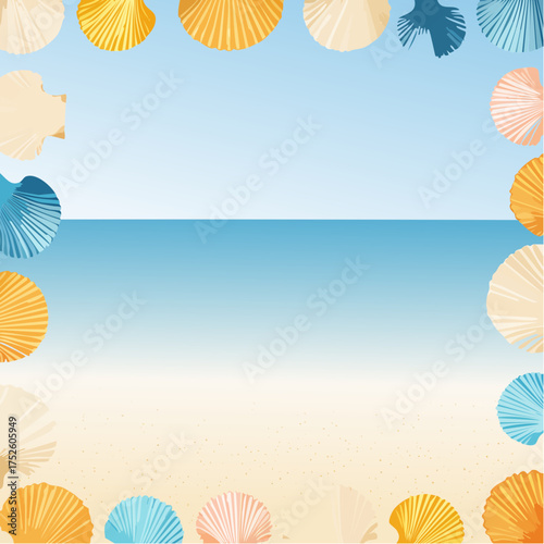 海と貝殻のフレーム（爽やかな夏の海辺デザイン）