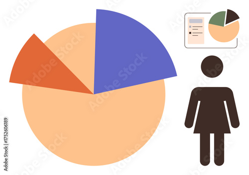 Large pie chart alongside female character and data card with graph detail. Ideal for demographic studies, gender analysis, statistics, business strategy, research, education, simple flat metaphor