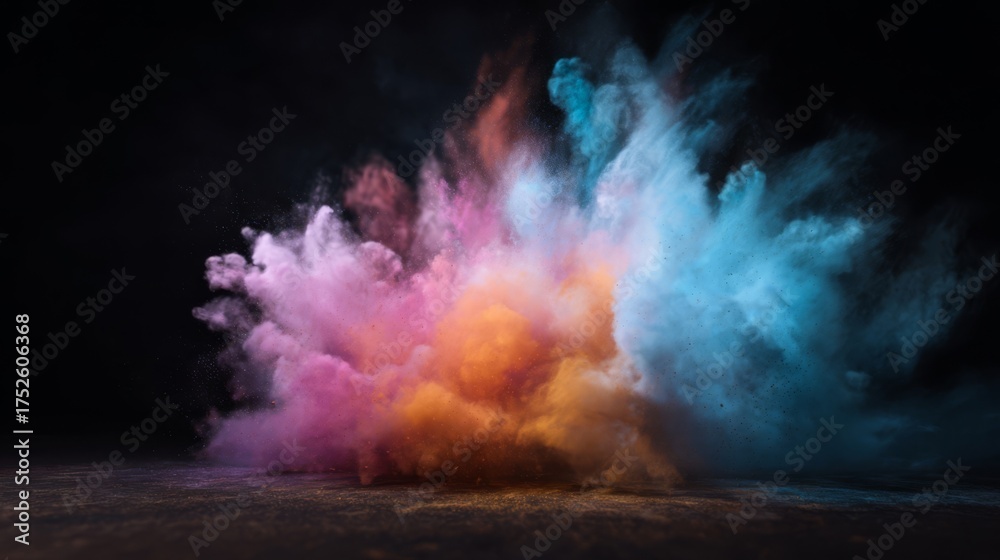 Obraz premium Vibrant explosion of colorful powder dispersing against a dark background, showcasing pink, blue, yellow, green, orange,
