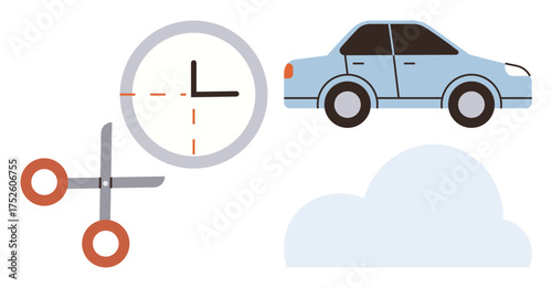 Clock symbolizing time management, blue car for motion or transport, scissors signifying creativity, cloud for lightness or dreams. Ideal for themes on time, travel, creativity, planning, ideas