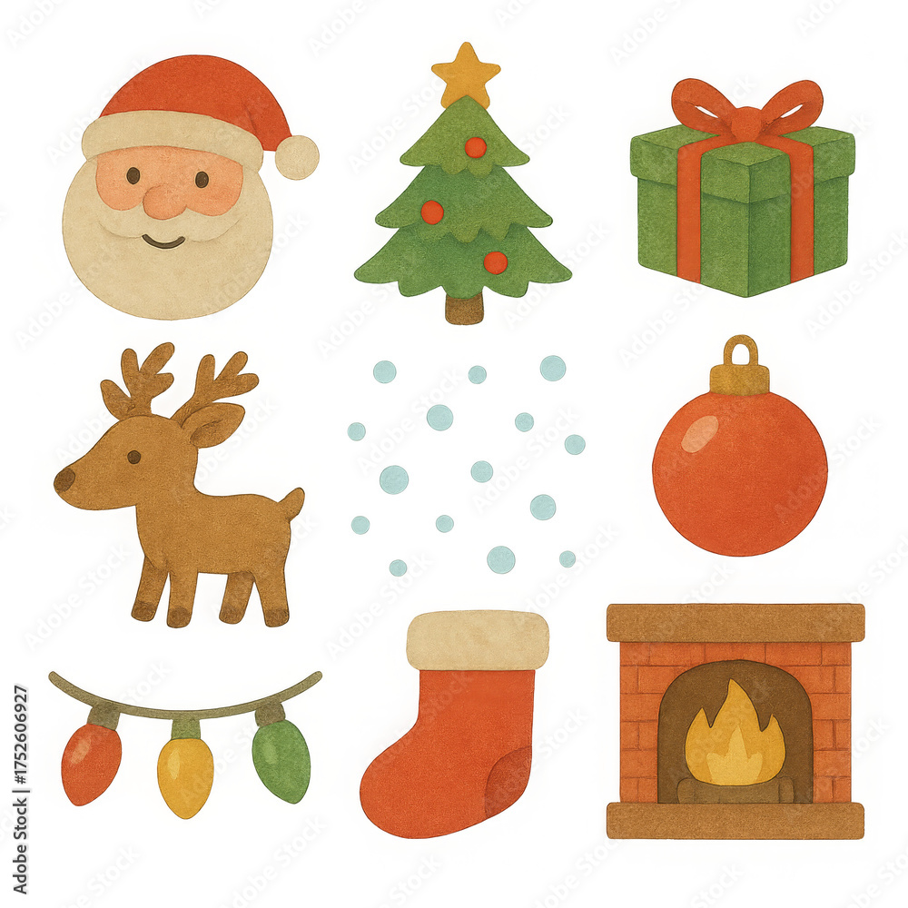 Fototapeta premium Joyful Christmas holiday illustration with Santa Claus, reindeer, and festive winter tree