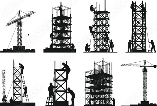 Construction site vector, scaffolding illustration, crane and ladder, teamwork in building, workers on platform, black and white construction scene, industrial design