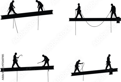 Construction worker silhouette vector, steel beam labor, rope handling, industrial safety, high-rise building work, black graphic icon, civil engineering tools