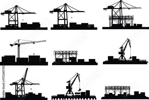 Crane silhouette vector, industrial lifting machines, construction equipment, tower cranes, gantry cranes, mobile cranes, cargo handling, engineering tools, stock illustration content