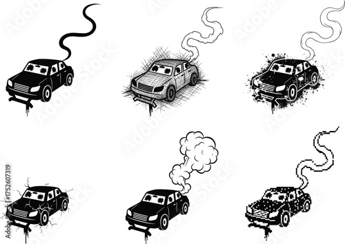 Crashed car vector illustration, smoke effect, broken bumper, stylized damage, sketchy impact, black and white graphic art, retro pixel destruction concept