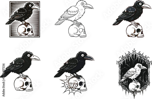 Crow perched on human skull, gothic vector illustration, dark art, punk style, horror theme, surreal design, stylized bird and bone concept