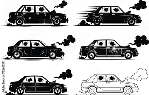 Damaged car vector illustration, bullet holes, smoke effect, shattered windows, post-apocalyptic vehicle design, urban chaos, crime scene, black and white graphic art