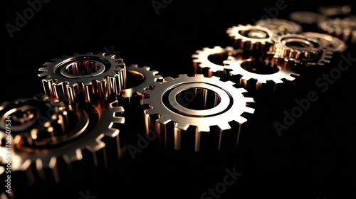 Multiple interlocking metal gears displayed against a dark background showcasing intricate mechanical details and precis