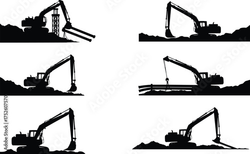 Excavator silhouette vector, construction machinery working, pipe lifting, earth digging, grading, pile driving, industrial equipment icon, civil engineering tools, black graphic