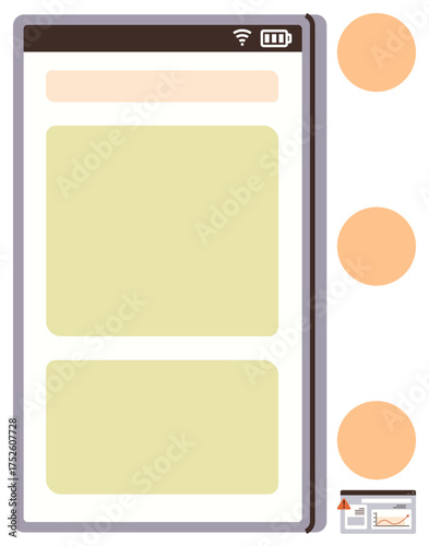 Smartphone screen with battery and wireless icons, layout boxes, menu circles, and a data chart thumbnail. Ideal for UIUX, mobile app, technology, data, productivity presentation simple flat