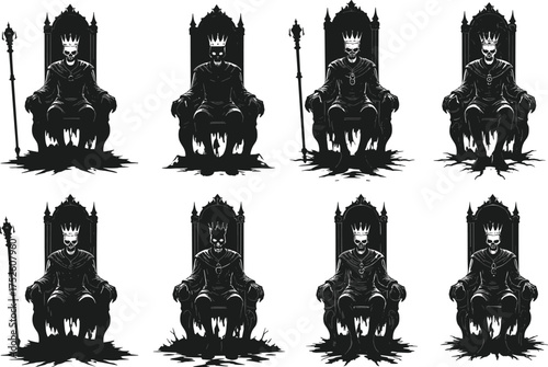 Gothic skeleton king illustration, crowned death throne vector, dark fantasy art, regal undead ruler, black and white skeletal monarch design