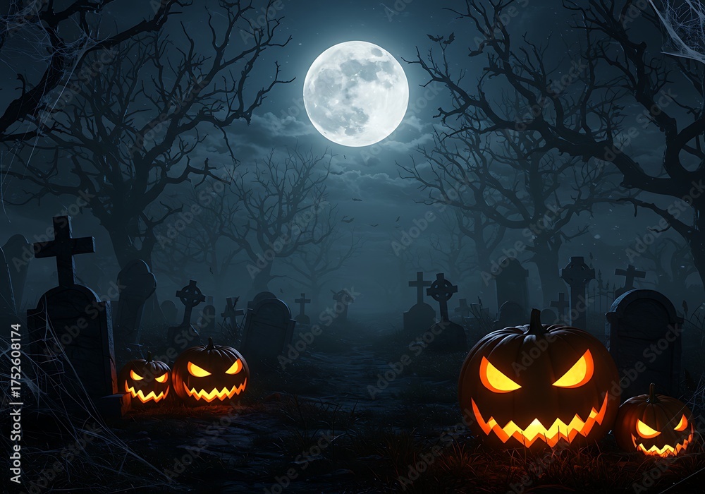 Fototapeta premium Spooky graveyard scene with glowing jack o'lanterns under a full moon for Halloween themed projects this autumn
