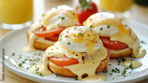 Delicious breakfast with eggs benedict, tomatoes, hollandaise sauce & orange juice