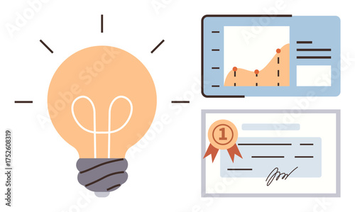 Lightbulb, growth chart with rising graph, certificate with badge emphasize concepts of innovation, progress, recognition. Ideal for business, education, creativity, leadership success motivation