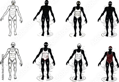 Human transformation silhouette vector, stylized character evolution, artistic identity shift, black graphic icon, conceptual design, psychological progression, abstract figure illustration