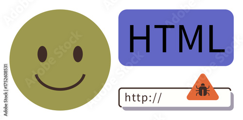 Smiling face circle, text HTML, bug alert icon in a browser bar highlighting coding, cybersecurity risks. Ideal for web design, online security, development, malware warnings, safe browsing