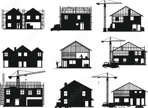 Residential construction vector, house building silhouettes, crane and scaffolding scenes, architecture development stages, black icons set for engineering and planning