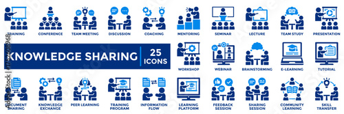 Knowledge Sharing icon collection set includes learning, training, coaching, mentoring, and knowledge exchange. Ideal for education, teamwork, online learning, and corporate training visuals.