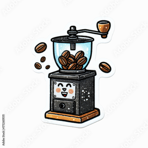 Happy Coffee Grinder with Fresh Beans Illustration