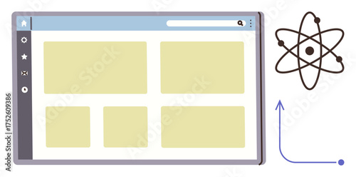 Browser window showing responsive design layout alongside atomic structure and upward arrow. Ideal for science, innovation, technology, growth, digital evolution, research, education. A simple flat
