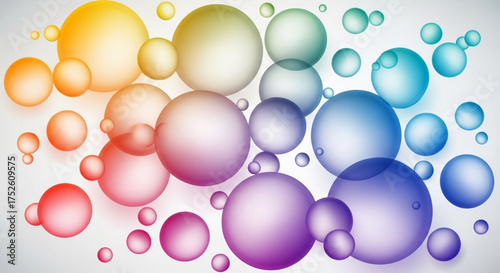 A vibrant array of translucent spheres creates a mesmerizing visual display, blending seamlessly in a spectrum of colors, creating a playful and dynamic composition