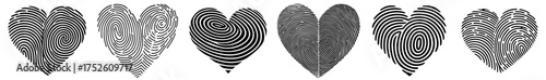 Set of black fingerprint hearts, romantic couple vows, eternal love of spouses and individuality of each person, fingerprint lines become a unique DNA code united into marriage bond
