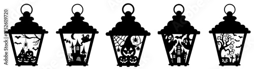 Halloween candle lantern silhouettes with moonlit village and bats, castle with witch on broom, jack-o’-lantern with spiderweb and spider, haunted manor under crescent moon, gnarled tree with cobwebs