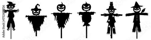 Halloween scarecrow collection with pumpkin heads, witch hats, crows and ragged clothes