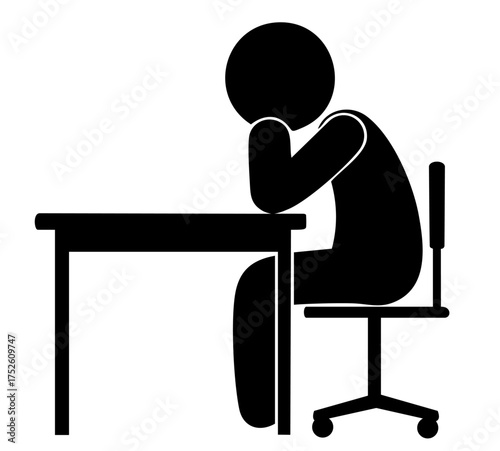 Simple figure of man sitting with head on hand, symbolizing fatigue, sadness, depression, or burnout.
