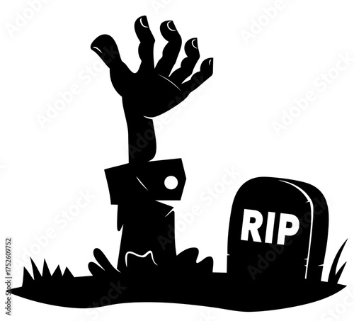 Horror silhouette of undead hand reaching from the ground next to RIP headstone