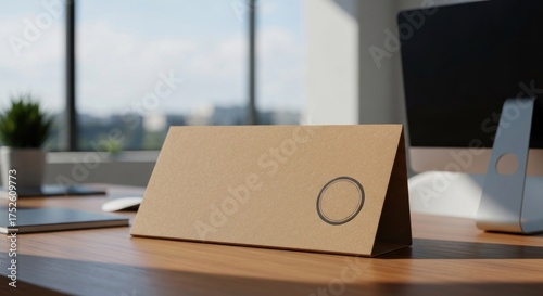 Desk mockup with a blank tent card, computer, and blurred cityscape background