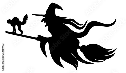 Frightening halloween witch yelling at scared cat on broomstick