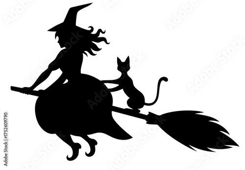  witch riding broom with loyal cat sitting behind her, halloween flight through starry night sky	
