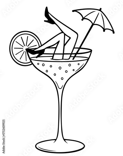 Sexy female legs in champagne coupe glass with citrus slice and umbrella