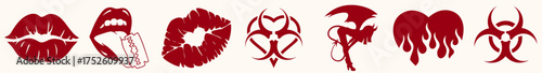 Kissing lips with a heart in the center, bitten lips, kissing imprint, demoness in a sexual pose, flaming heart, spreading drop, biohazard sign