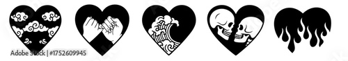 Dark heart collection — stormy clouds, broken hands, roaring wave, kissing skulls and burning flame hearts