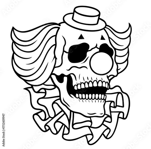 Creepy Clown Skull with Wig and Bowtie. dark circus horror face. Smiling clown skull with wide wig, small hat, and frilled collar — a disturbing image blending comedy and fear