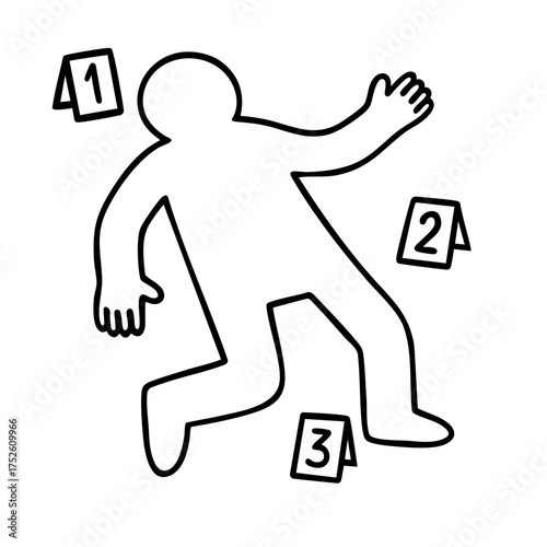 rime scene outline with numbered evidence markers, symbol of murder investigation, homicide case, forensic examination and criminal justice in major serious offenses