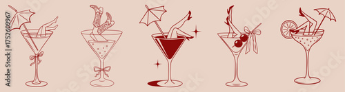 sexy female legs in martini cocktail glasses with umbrellas, cabaret pin-up burlesque show style, retro party 
